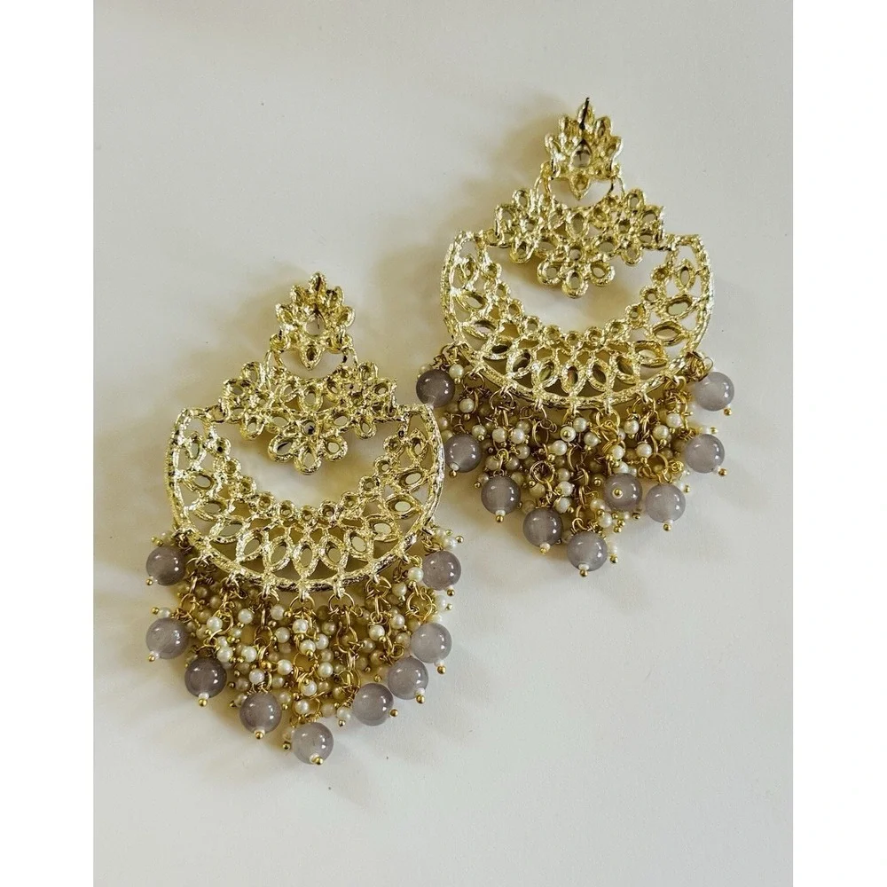 VTG‎ Regal Earrings Chandelier Gold Glass Beaded Clear Cabochon Statement Rare